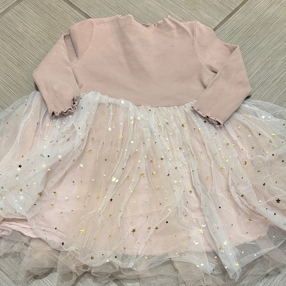 None Other - Pink and White Long Sleeve Dress with Star Accents